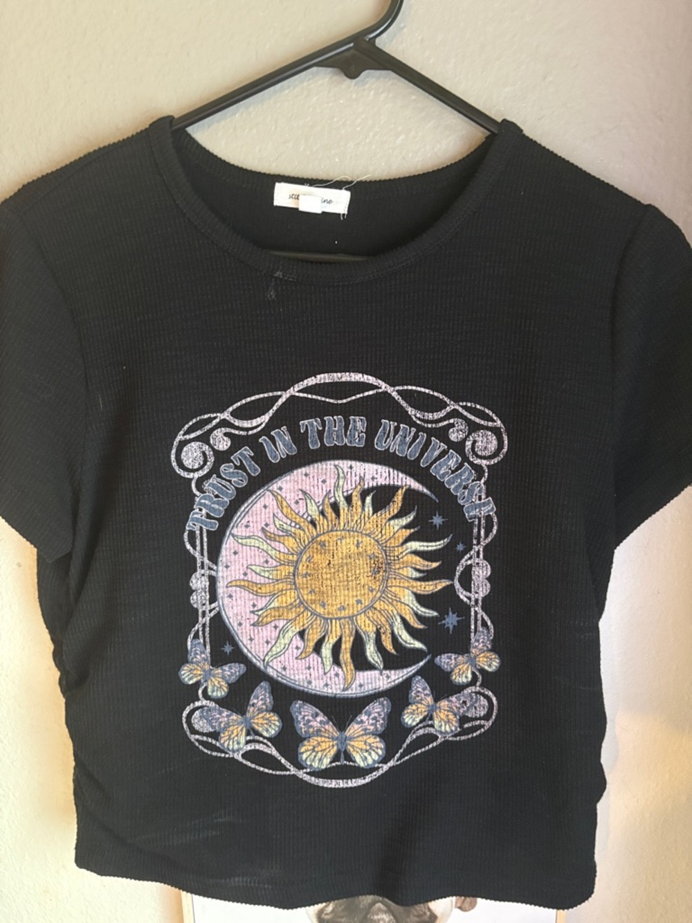Black Graphic Ribbed Crop Tee with Sun & Moon Motif